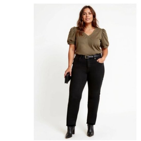 New York & Company Womens Top Plus Size 3X Puff Sleeve V-Neck Satin Blouse Green - Picture 11 of 11